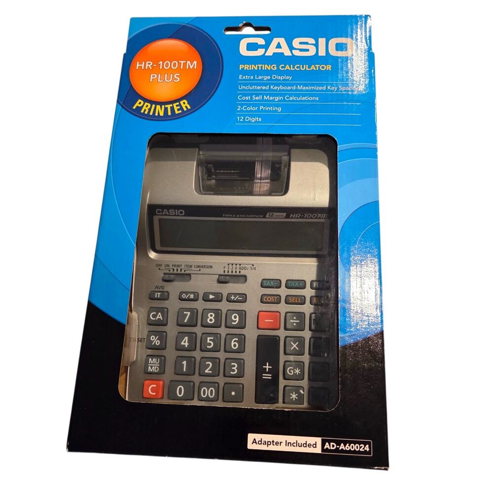 NEW Casio HR-100TM PLUS Desktop Printing Business Calculator 2 Color Adapter
